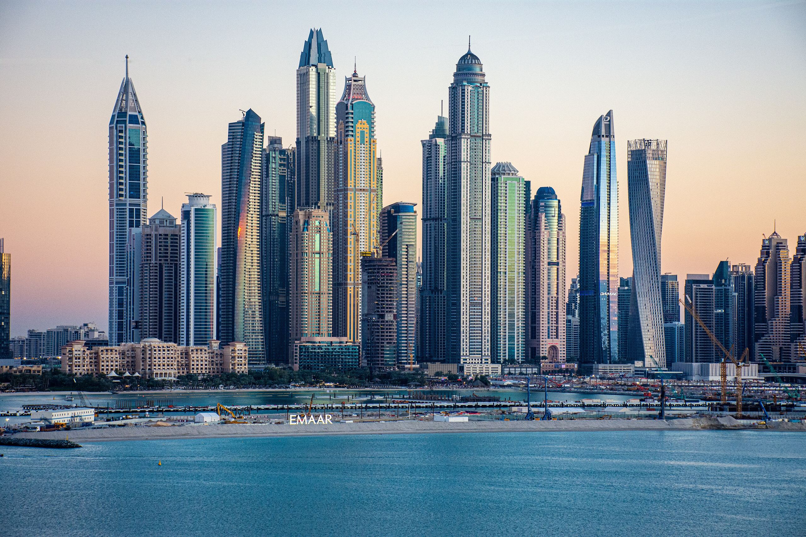 The towers of Dubai Marina at dusk